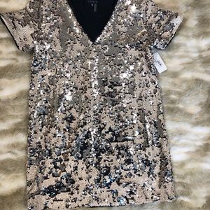 1.STATE Sequin Shift Dress Silver/Cream Sz Med NWT
